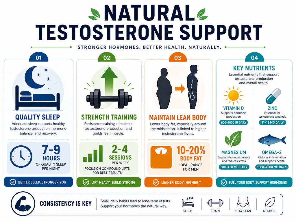 Infographic on sleep, exercise, weight, and nutrition for testosterone