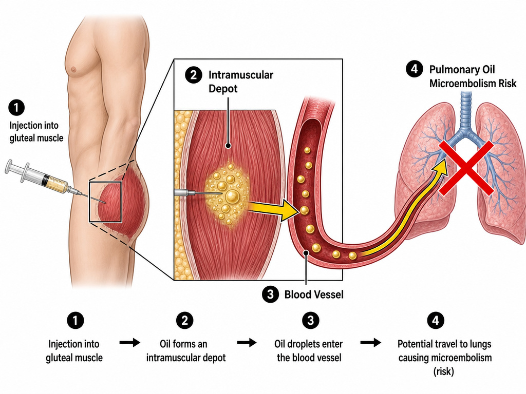Diagram of intramuscular injection and pulmonary oil microembolism risk for testosterone.