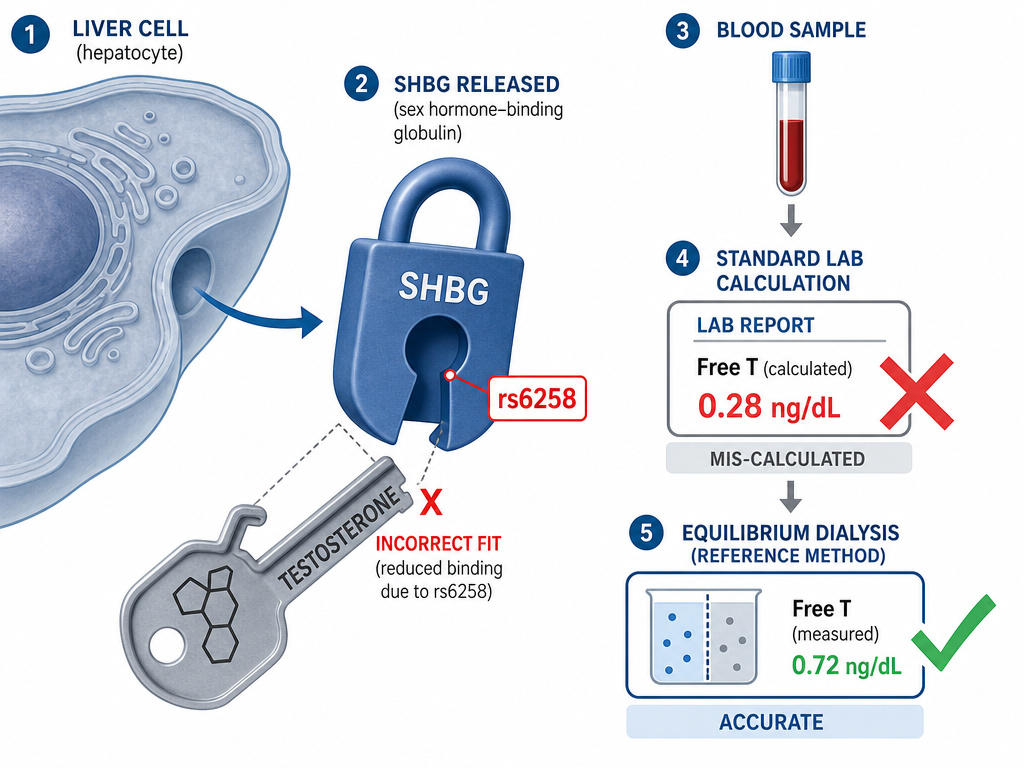 Genetic SHBG variant altering testosterone binding and lab measurement accuracy