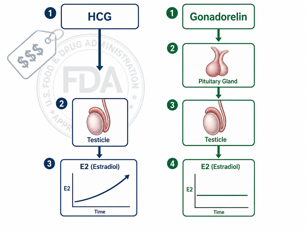 Diagram comparing HCG and gonadorelin pathways, estradiol impact, and regulatory cost factors