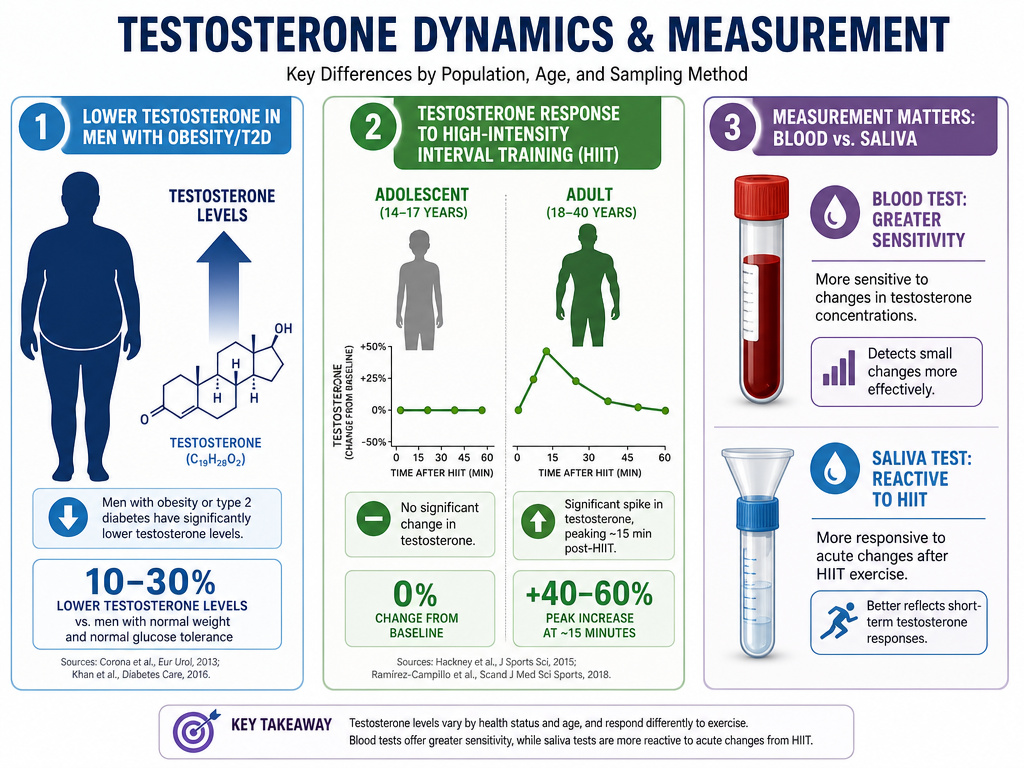 Infographic on how cardio affects testosterone in special populations and testing methods.