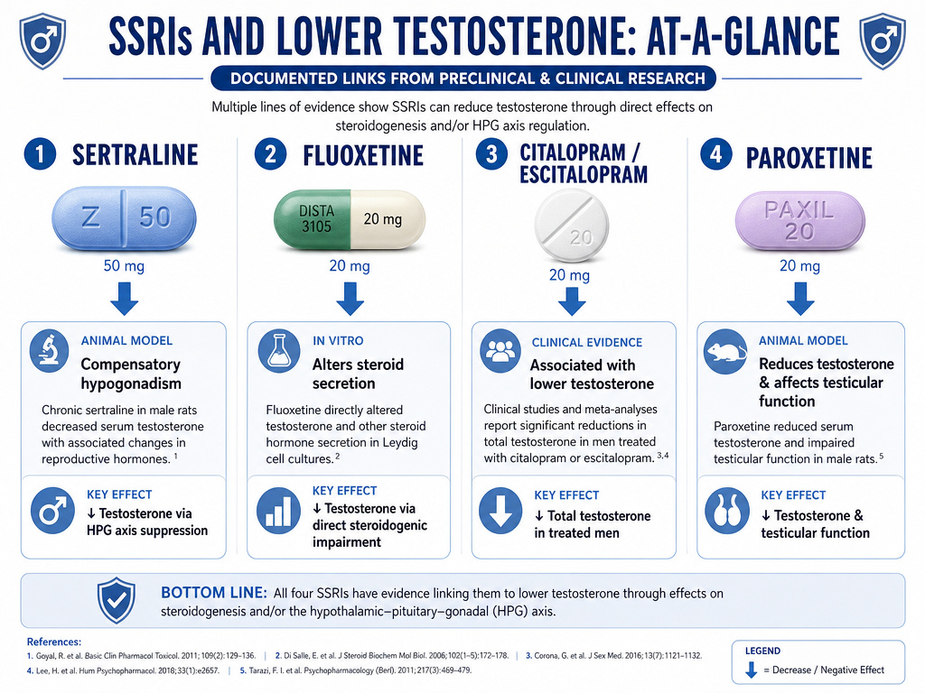 Infographic comparing specific SSRIs and their evidence for lowering testosterone.