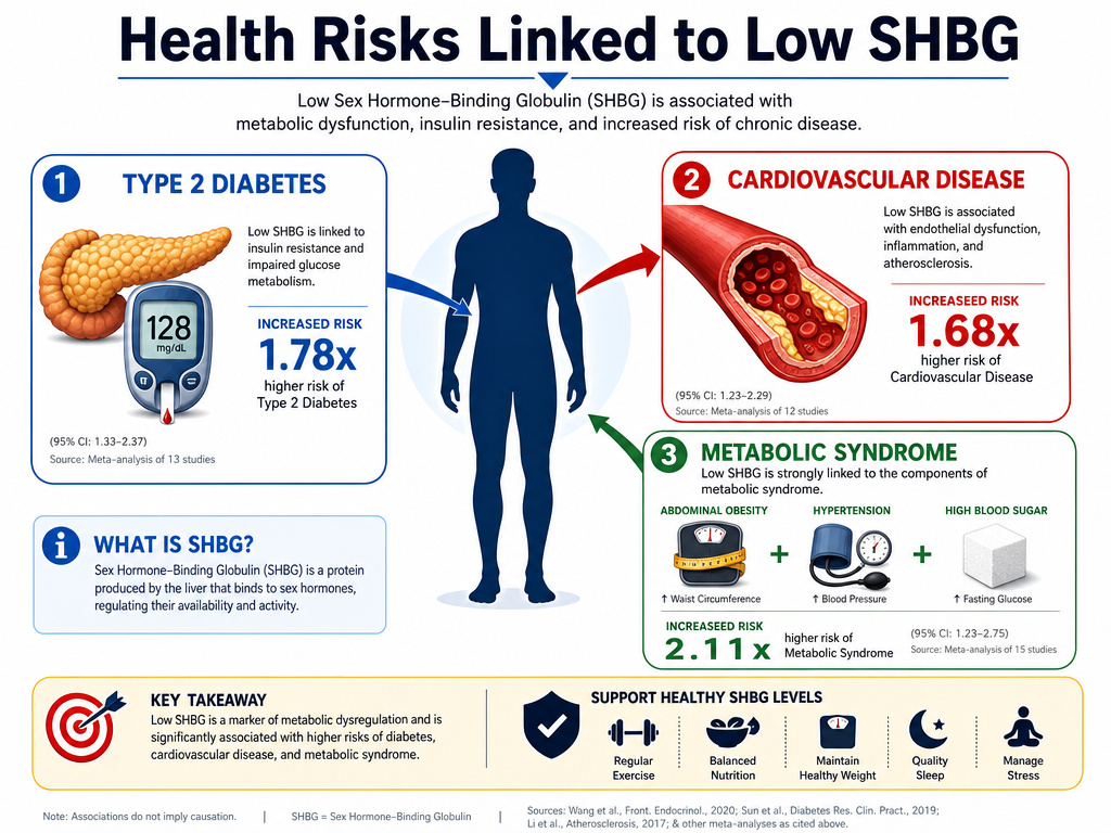 Infographic showing diabetes, heart disease, and metabolic syndrome risks from low SHBG.