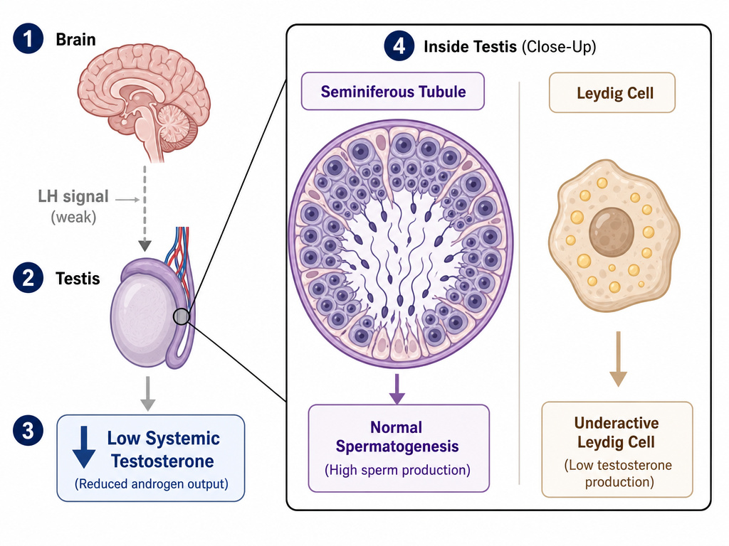 Functional hypogonadism diagram showing low testosterone with normal sperm production.