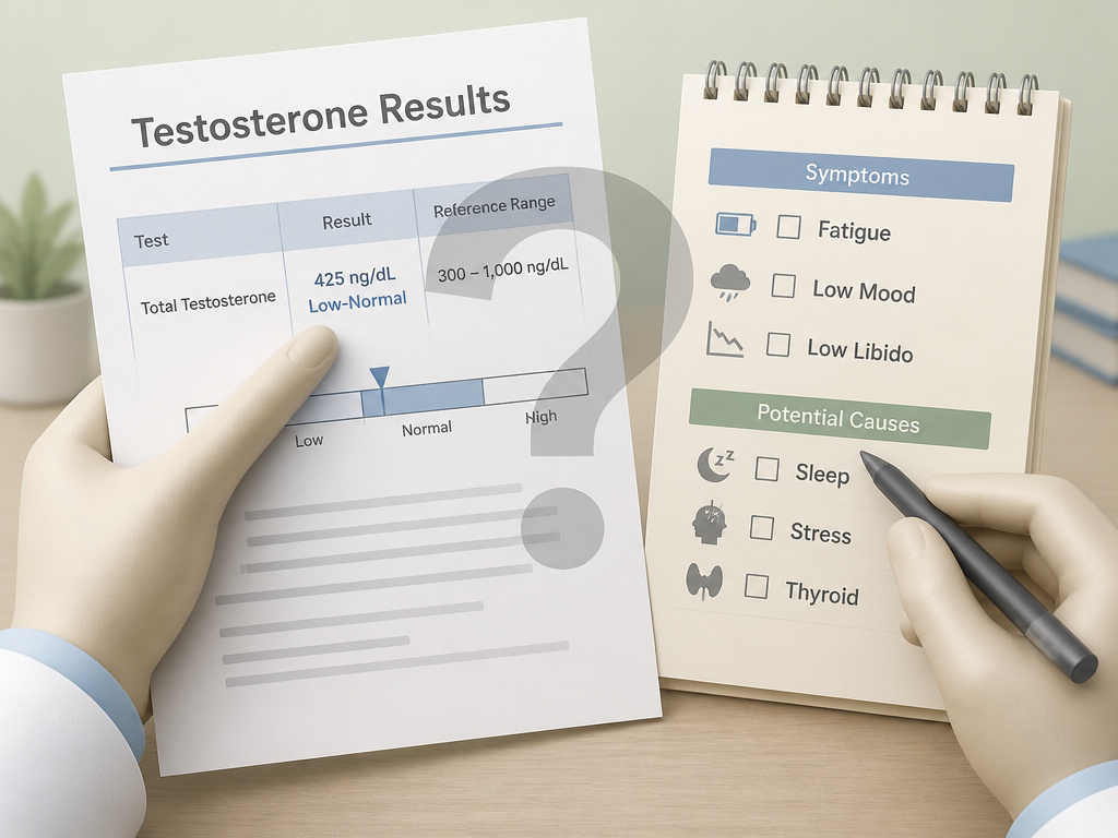 Doctor explaining low-normal testosterone blood test results and overlapping symptoms