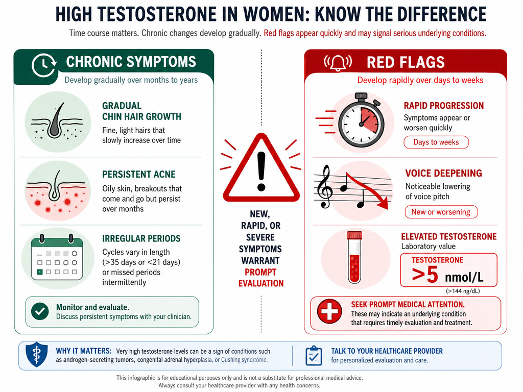 Infographic comparing chronic symptoms versus urgent red flags for female high testosterone.