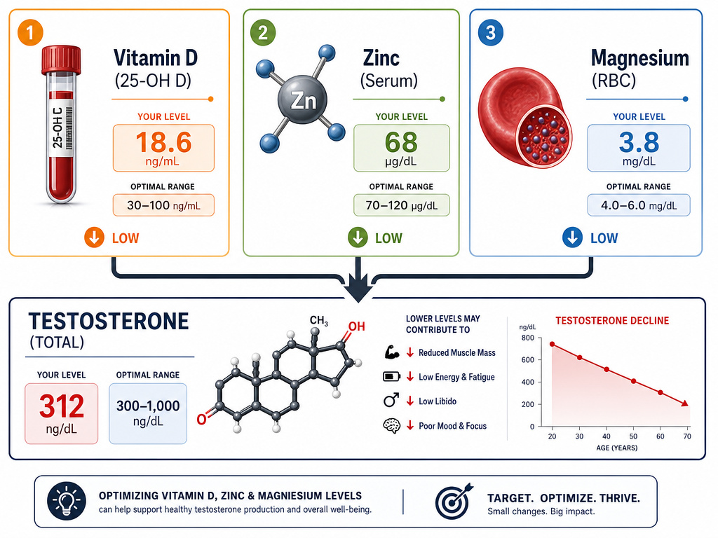 Infographic showing blood tests for vitamin D, zinc, and magnesium deficiencies linked to low testosterone.