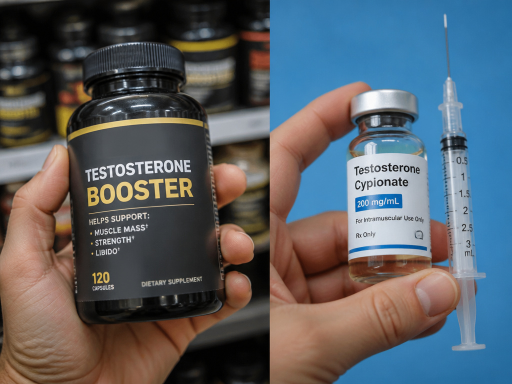 Contrast between over-the-counter testosterone booster and prescription TRT vial.