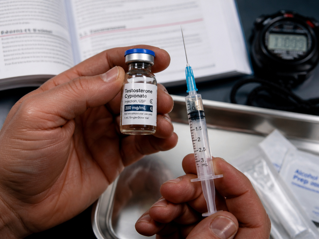 Prescribed testosterone vial and syringe next to sports rulebook and stopwatch.