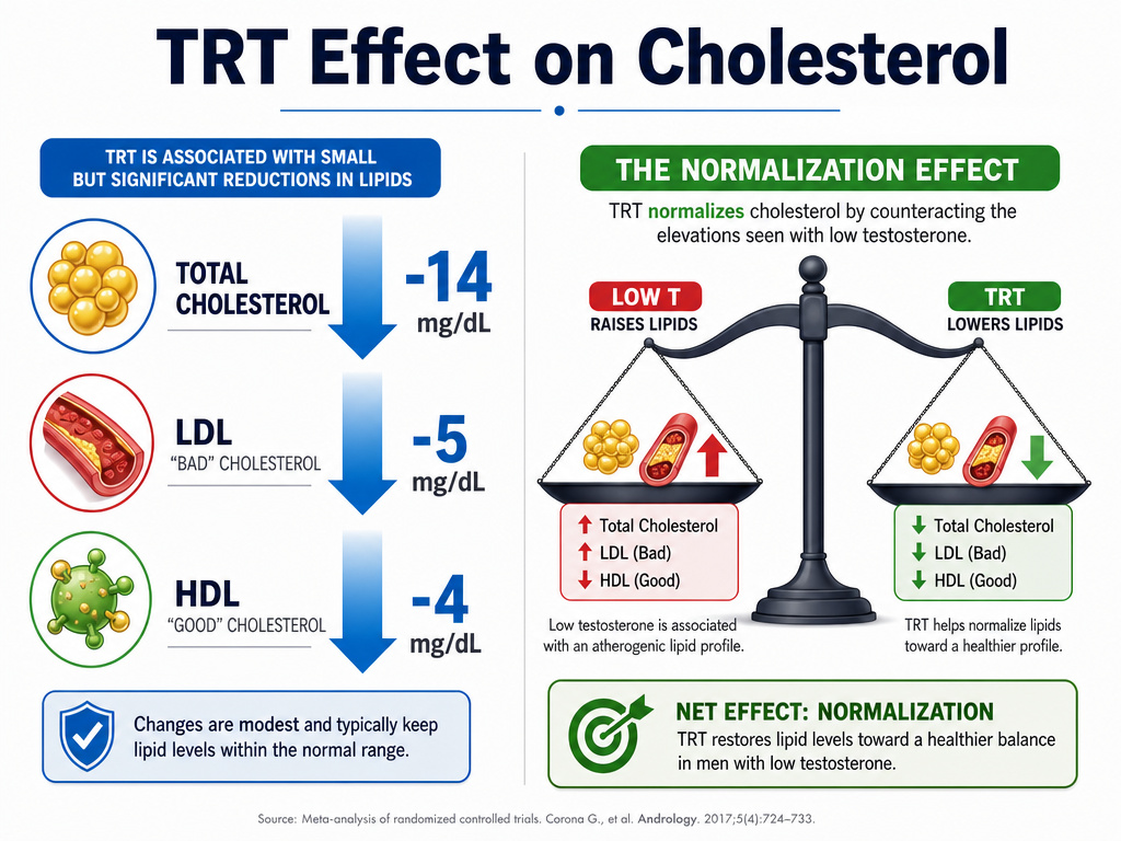 Infographic showing how testosterone replacement therapy changes cholesterol levels.