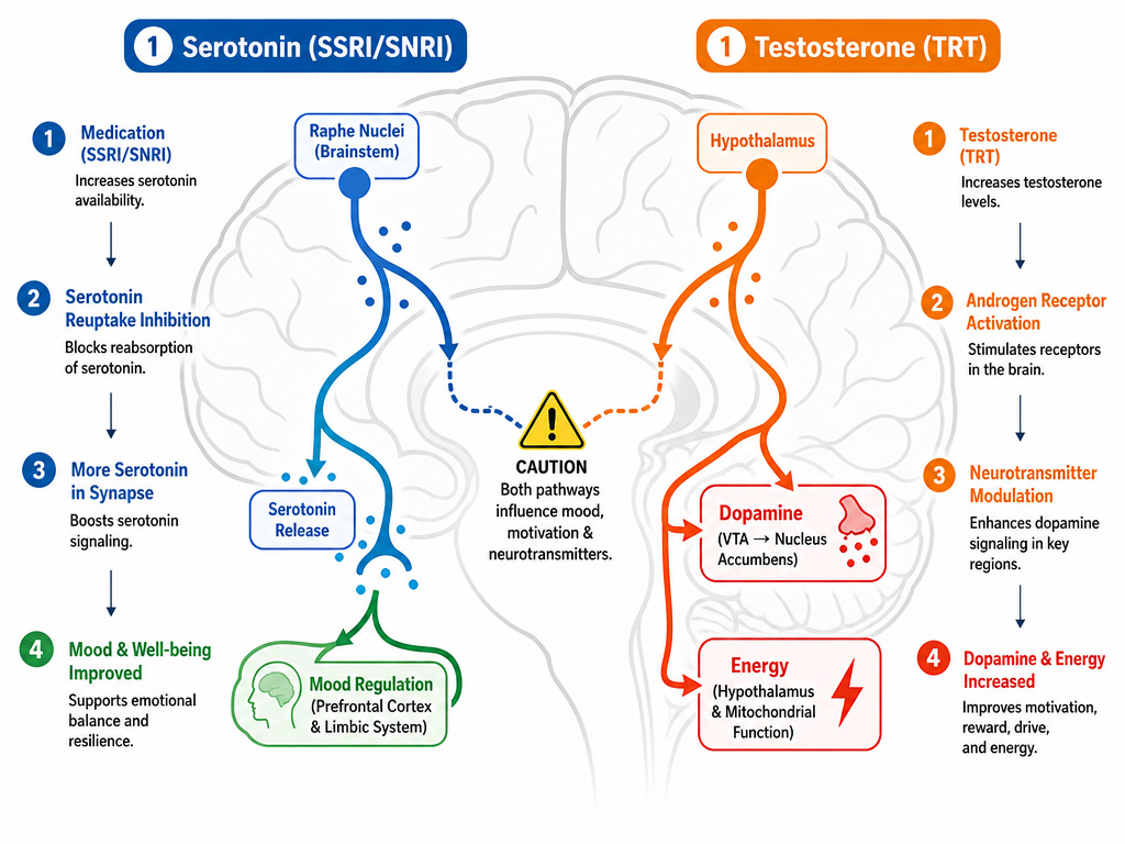 Diagram showing parallel serotonin and testosterone pathways affecting mood in the male brain
