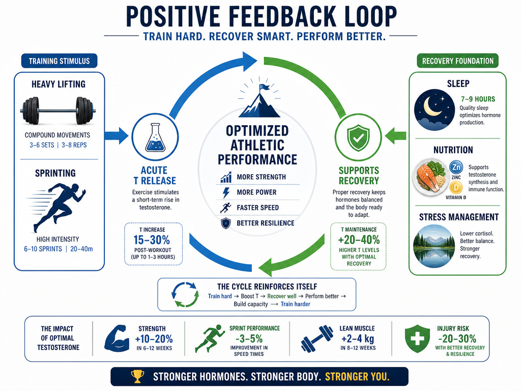 Infographic on training, testosterone release, and recovery feedback loop for athletes