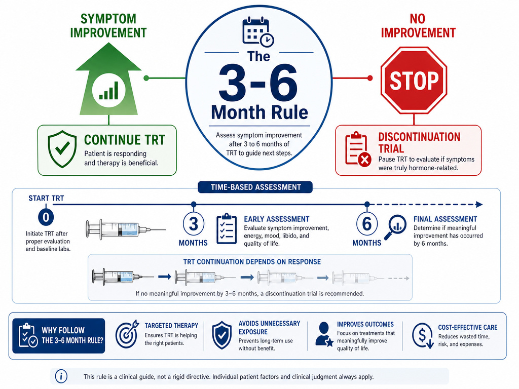 Infographic showing the TRT 3-6 month rule for discontinuation based on symptom response.