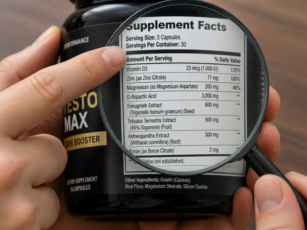 Close-up of hands analyzing a testosterone booster supplement facts label details.
