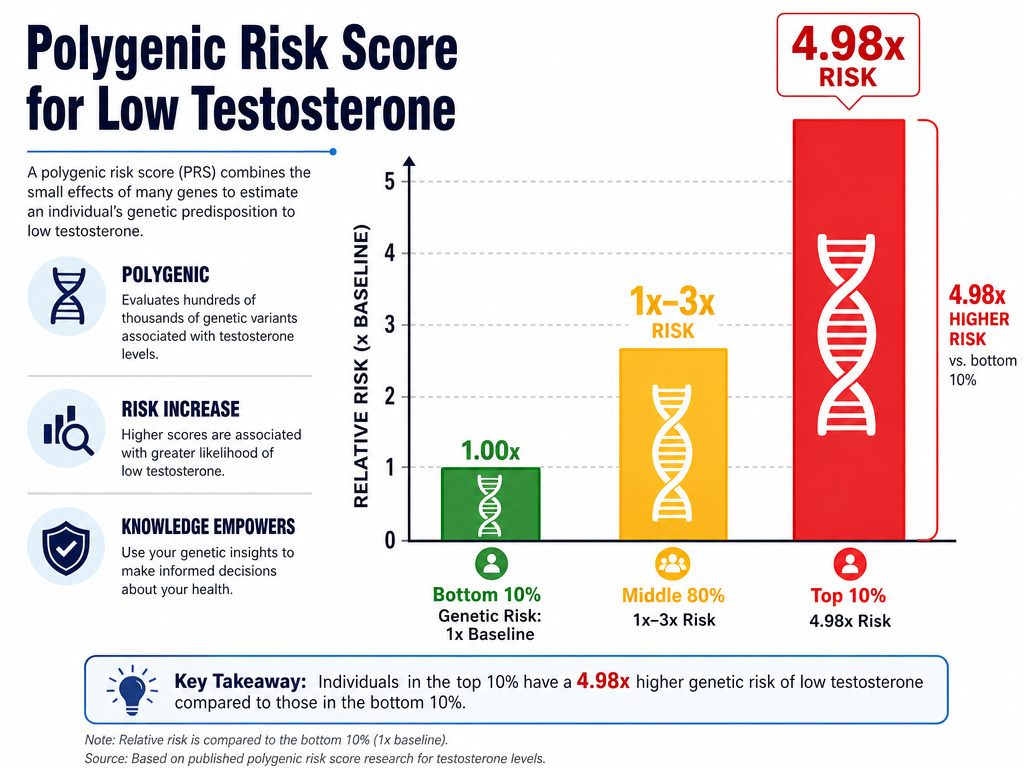 Infographic showing 4.98-fold genetic risk increase for low testosterone levels.