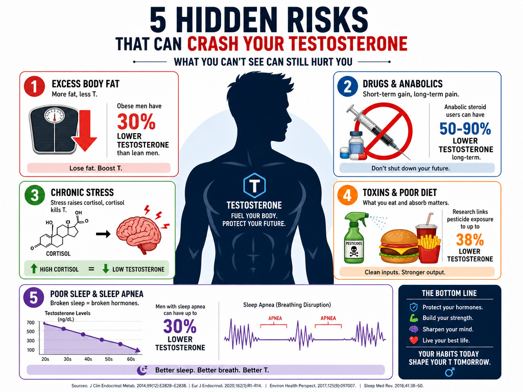 Infographic of five common reversible causes of low testosterone in young men.