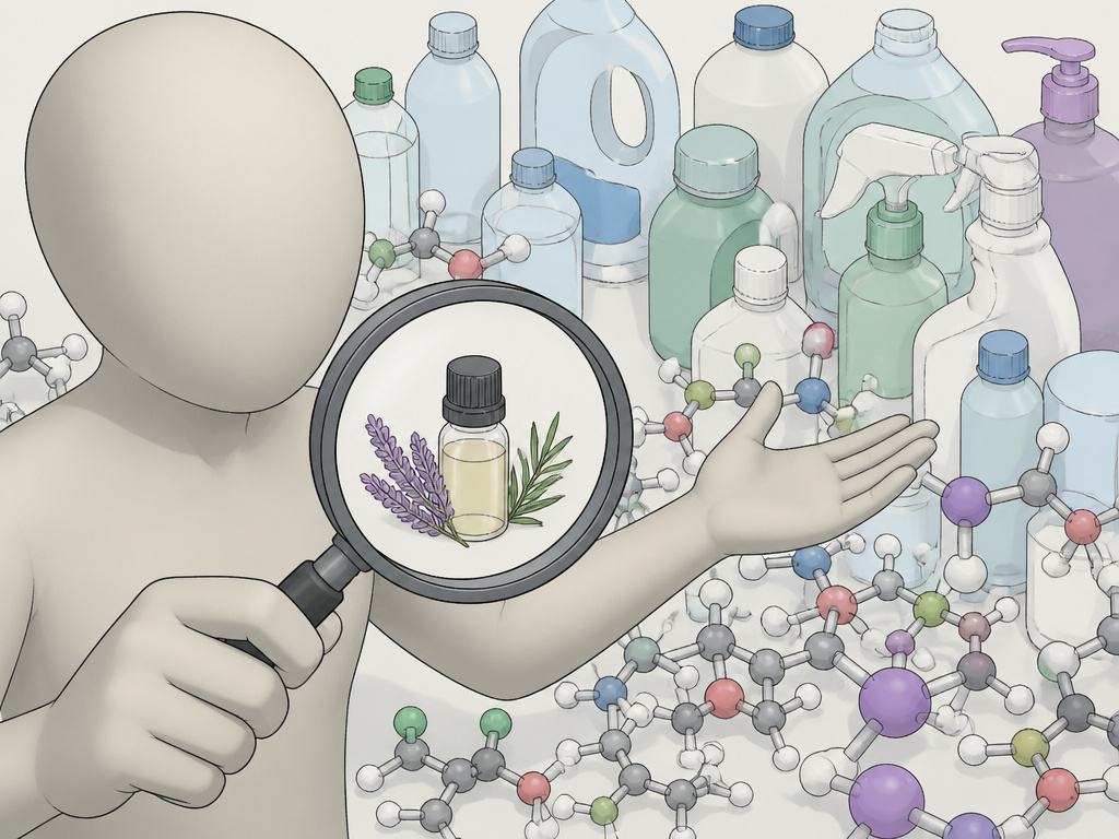Person focusing on small essential oil bottle amid larger endocrine disruptors