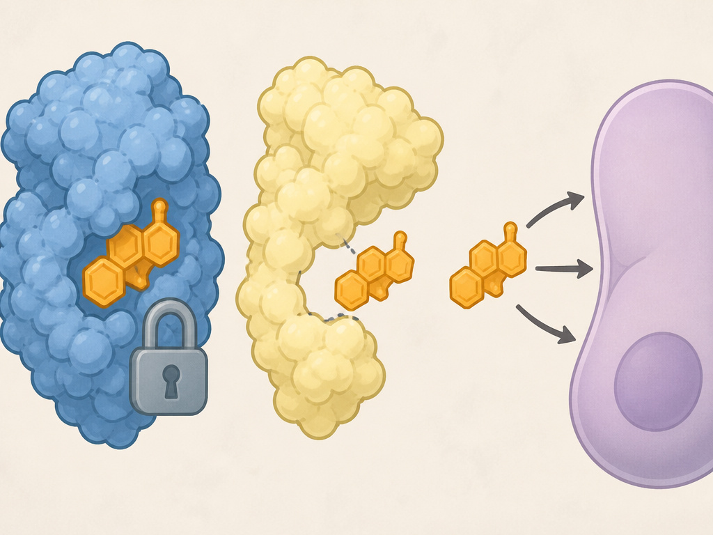 Diagram of testosterone binding to SHBG and albumin, showing bioavailable fraction.