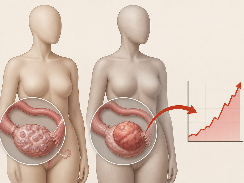 Diagram comparing ovarian causes of high testosterone in pre vs postmenopausal women.