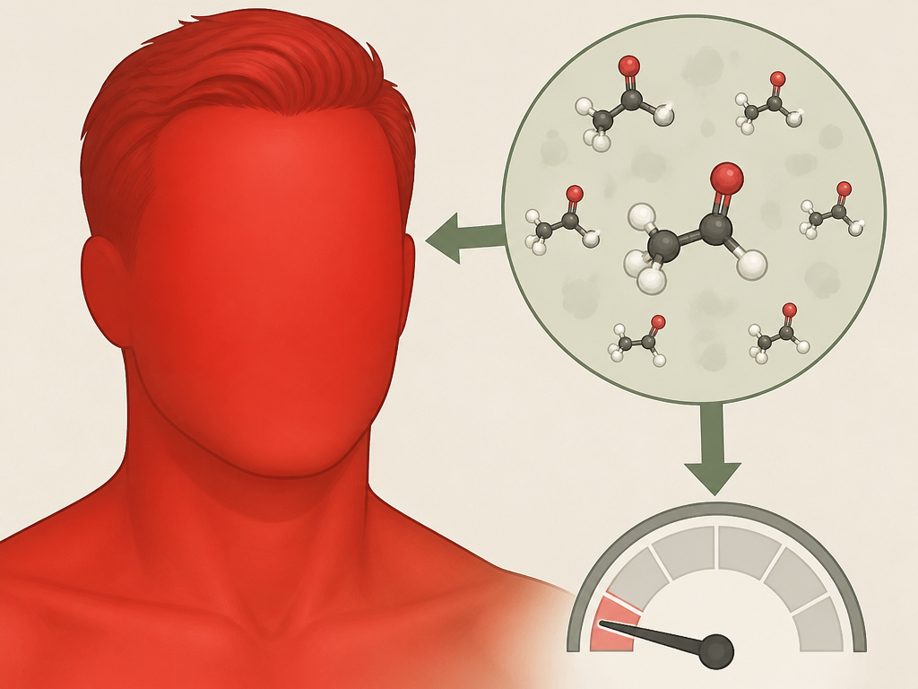 Facial flushing from alcohol linked to acetaldehyde buildup and low testosterone.