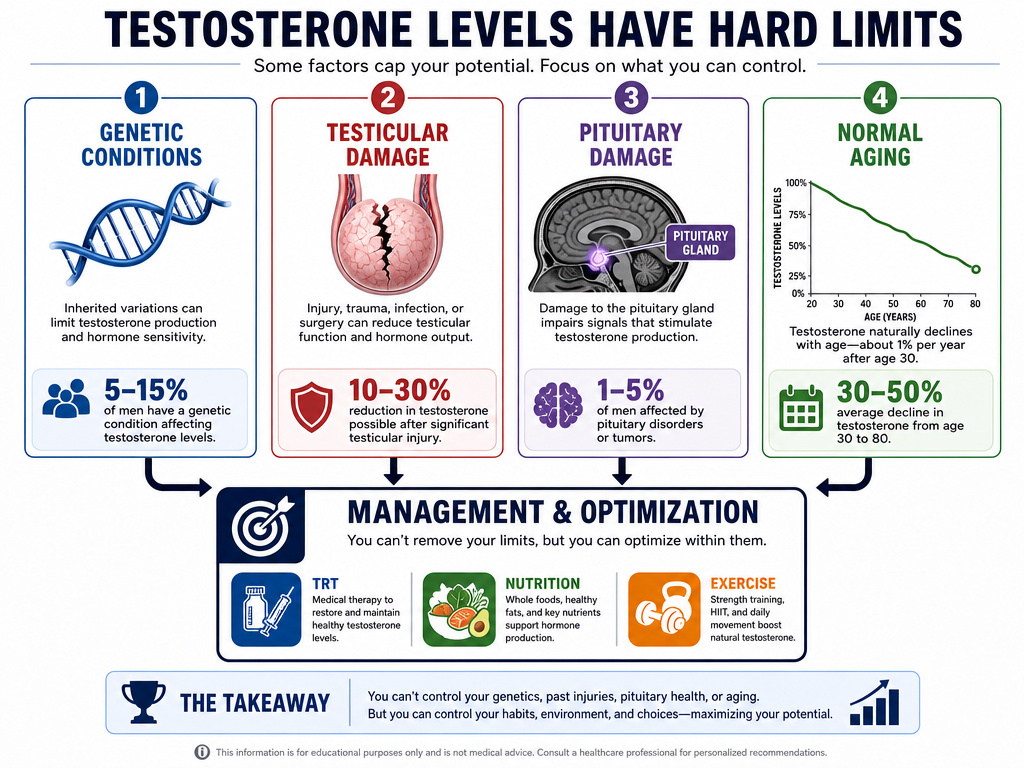 Infographic showing irreversible causes of low testosterone and management strategies