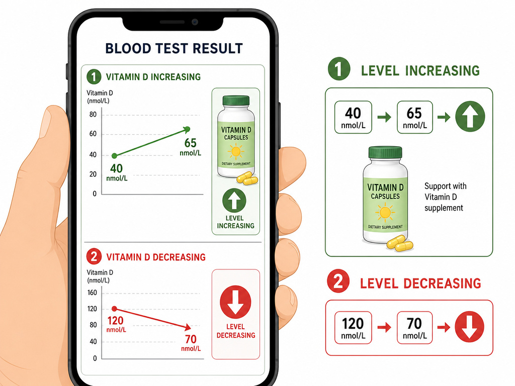 Diagram showing Vitamin D blood level adjustment based on test results for testosterone