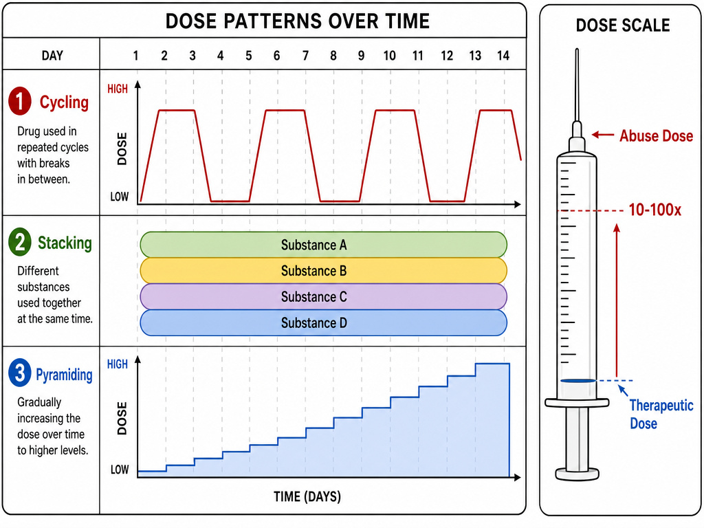 Diagram of steroid misuse methods: cycling, stacking, and pyramiding doses.