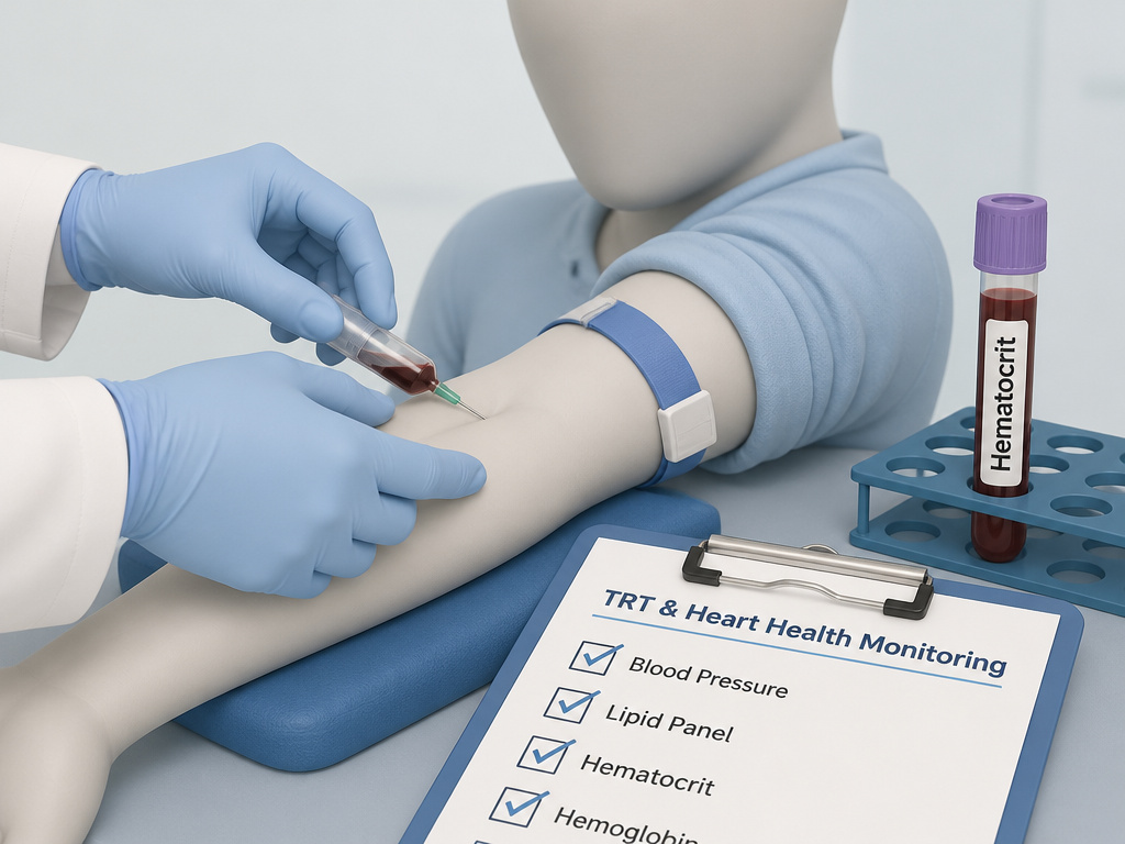 Close-up of blood draw and checklist for TRT safety monitoring with heart disease.