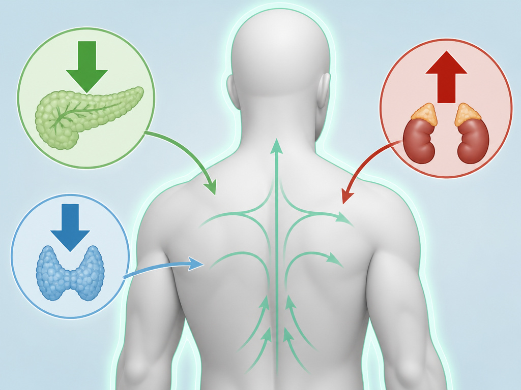 Diagram of how fasting affects insulin, cortisol, and thyroid hormone levels.