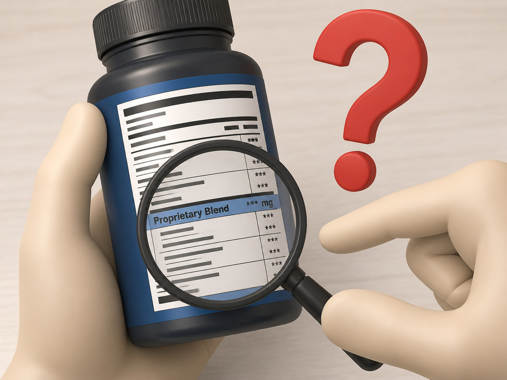 Hands inspecting a proprietary blend on a testosterone booster supplement label
