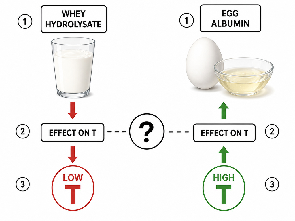 Diagram comparing whey protein lowering testosterone versus egg protein raising testosterone