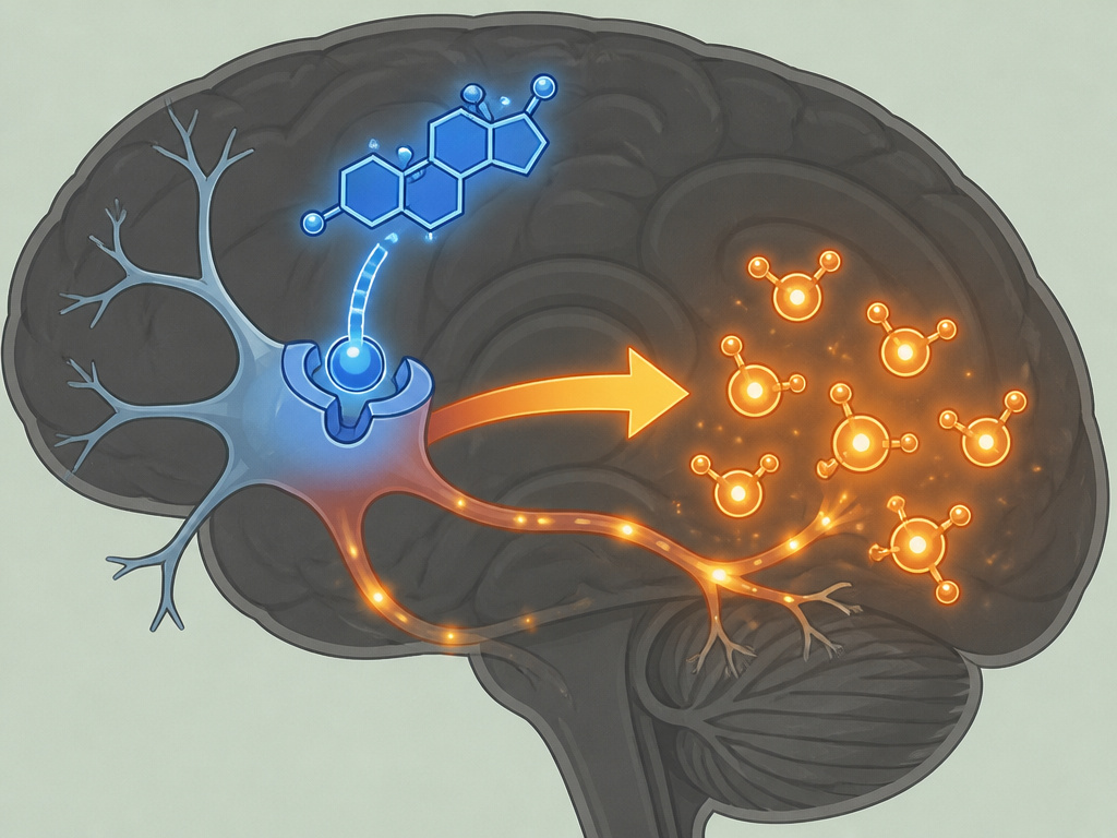 Cartoon brain diagram showing testosterone influencing dopamine activity and reward pathways.