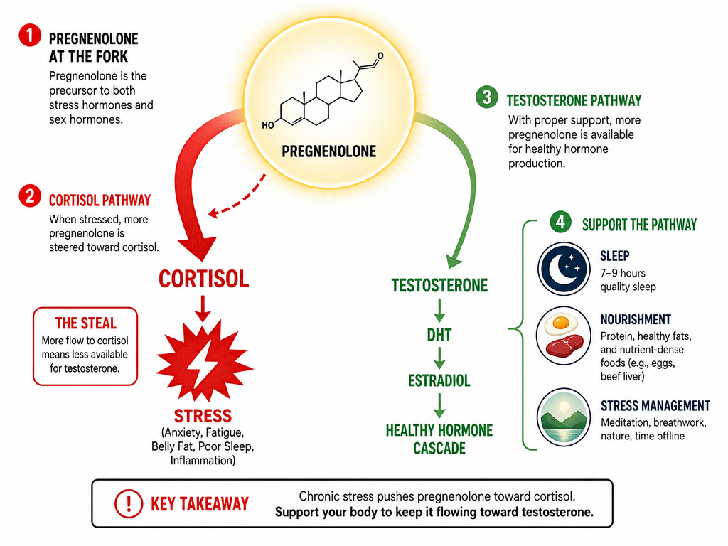 Diagram of pregnenolone steal and how lifestyle supports testosterone production.