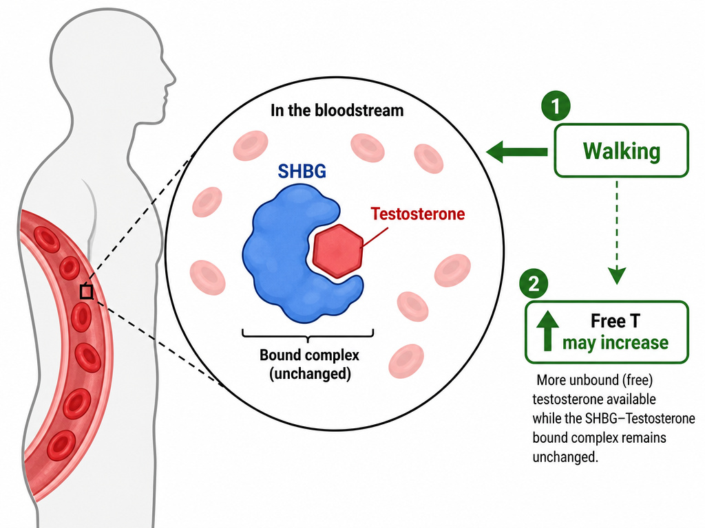 Diagram of SHBG binding testosterone, showing walking's potential effect on free testosterone.