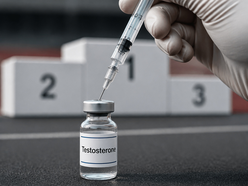 Syringe and vial of testosterone with a sports podium in the background.