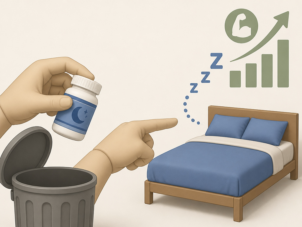 Pill bottle discarded in favor of a bed for better sleep and testosterone.