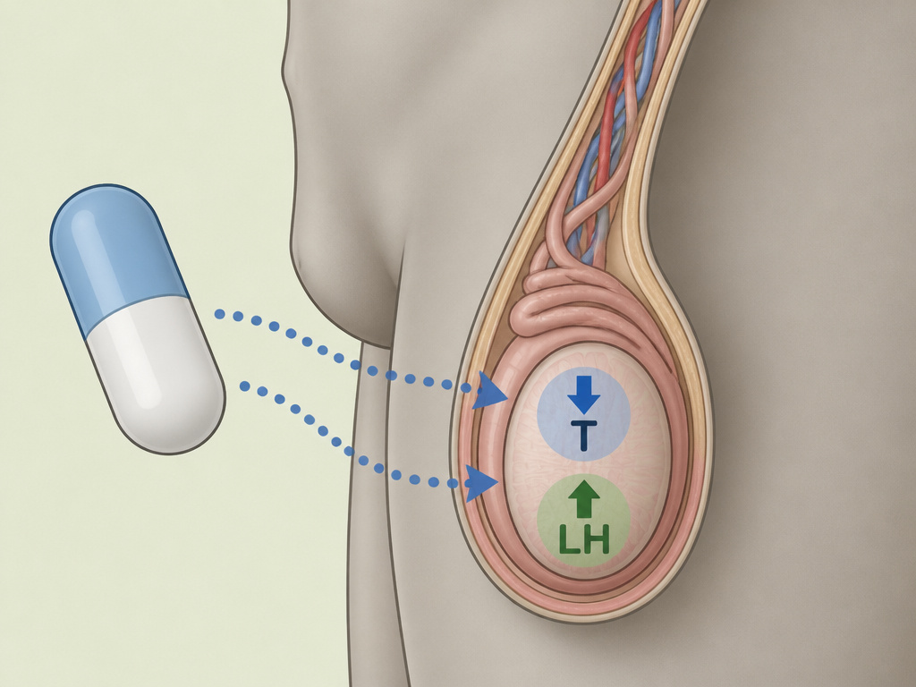 Diagram showing ibuprofen pill causing compensated hypogonadism in male silhouette.