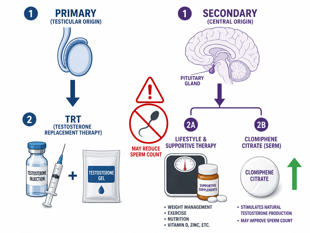 Diagram comparing primary and secondary hypogonadism treatment pathways and fertility considerations