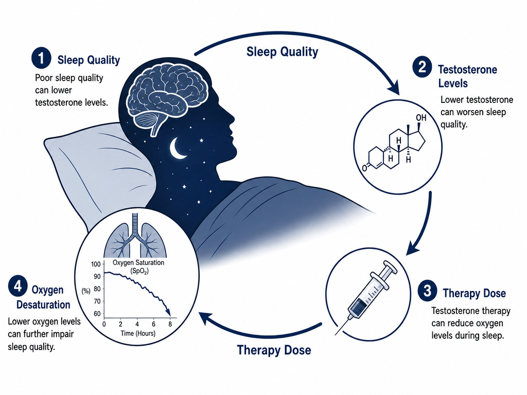 Diagram showing the bidirectional relationship between testosterone therapy and sleep quality.