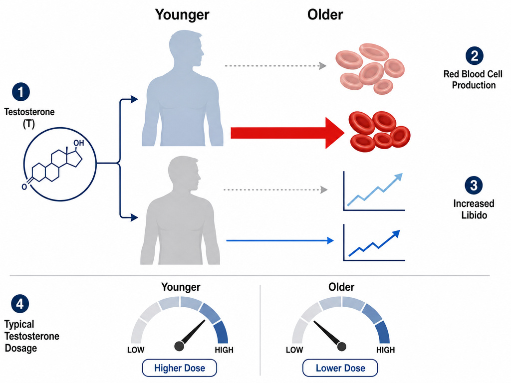 Diagram comparing testosterone dose effects and risks in younger versus older men