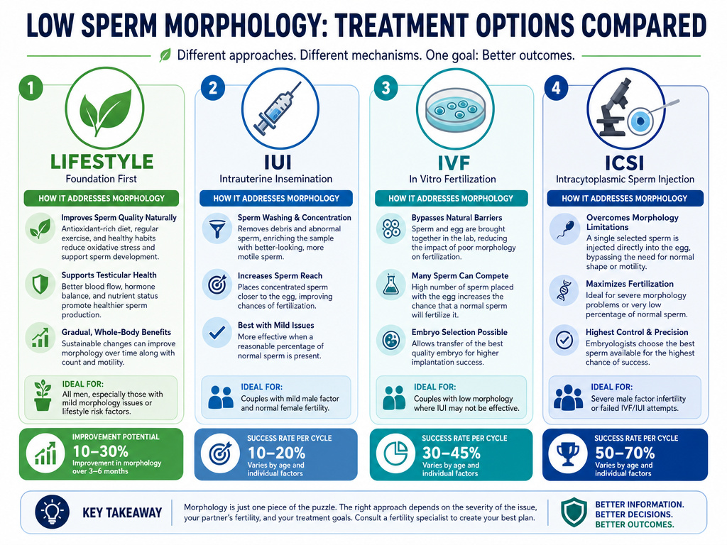 Infographic comparing IUI, IVF, and ICSI treatments for abnormal sperm shape.