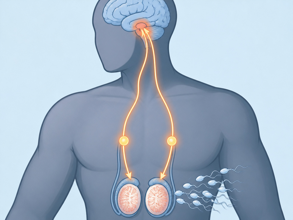 Diagram of hormonal pathways for testosterone and sperm production, fertility preservation.