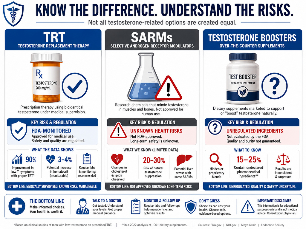 Infographic comparing safety of prescription TRT versus non-prescription alternatives for heart health.