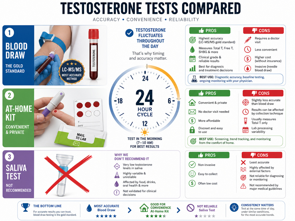 Infographic comparing blood draw, at-home kit, and saliva testosterone tests