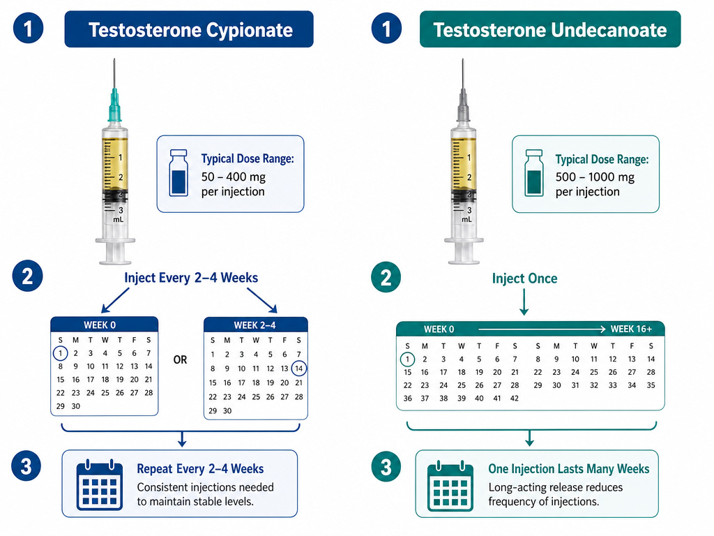 Diagram comparing injection frequency and dosage for different testosterone esters.
