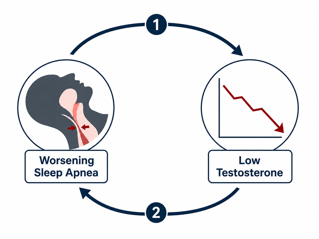 Diagram of the vicious cycle between low testosterone and sleep apnea.