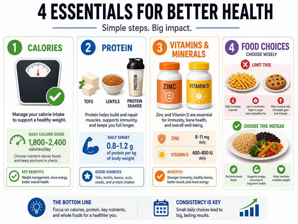 Infographic on key vegan diet factors for testosterone: calories, protein, nutrients, quality.