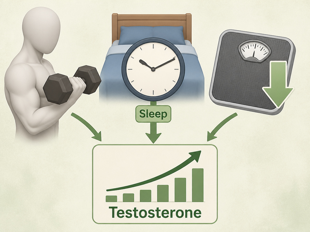 Lifestyle interventions for male hypogonadism: weight loss, strength training, sleep.