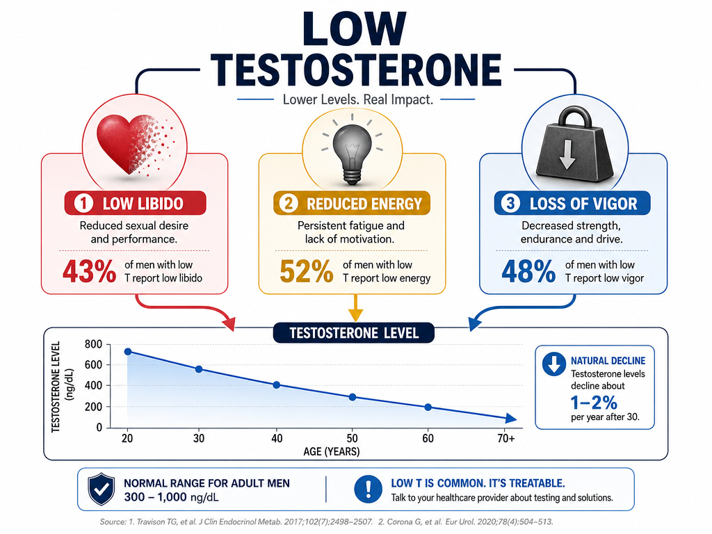 Infographic showing common signs and symptoms of low testosterone levels.