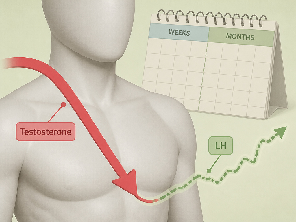 Diagram showing testosterone crash and slow recovery after stopping TRT.
